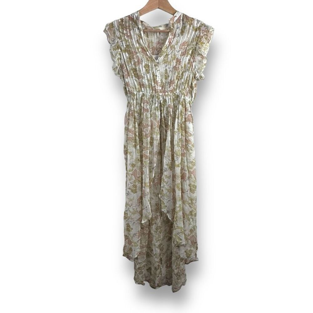 Free People Women's S Lady Of‎ Avalon Floral Ruffle Duster Beige Pink Semi Sheer